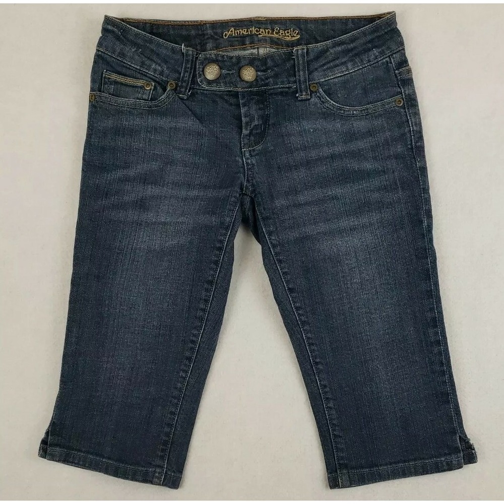 American Eagle Women 0 Jean Shorts Blue Stretch Slit Leg Low Rise Denim